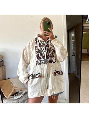 AMERICAN VINTAGE HANDMADE CREAM BOHO ZIP UP JACKET HOODIE SIZE XL